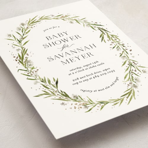 This is a diamond foil stamped baby shower invitations with foil pressed by Kate Ahn called aveline printing on signature in standard