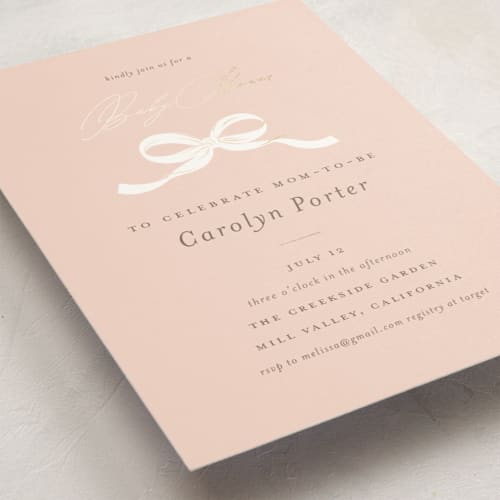 This is a blush foil stamped baby shower invitations with foil pressed by Paper Raven Co. called sweetheart printing on signature in standard