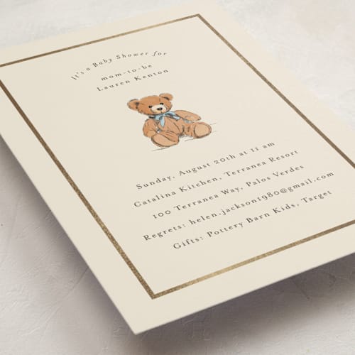 This is a frost foil stamped baby shower invitations with foil pressed by Becky Nimoy called antique teddy bear printing on signature in standard