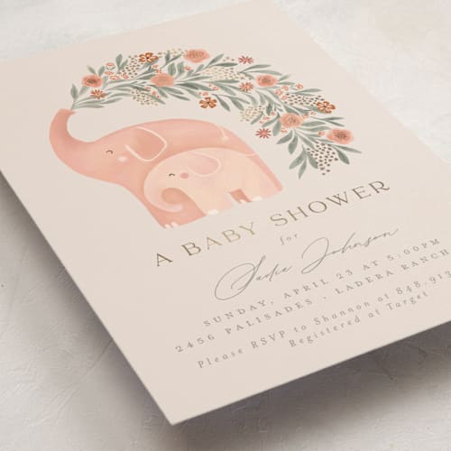 This is a snapdragon foil stamped baby shower invitations with foil pressed by Joanna Griffin called elephant garden printing on signature in standard