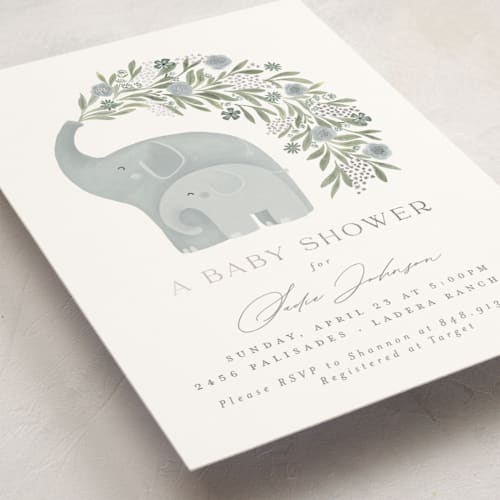 This is a puddle foil stamped baby shower invitations with foil pressed by Joanna Griffin called elephant garden printing on signature in standard