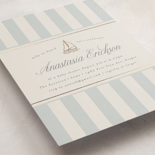 This is a fog foil stamped baby shower invitations with foil pressed by Stephanie Hawkes called on board printing on signature in standard