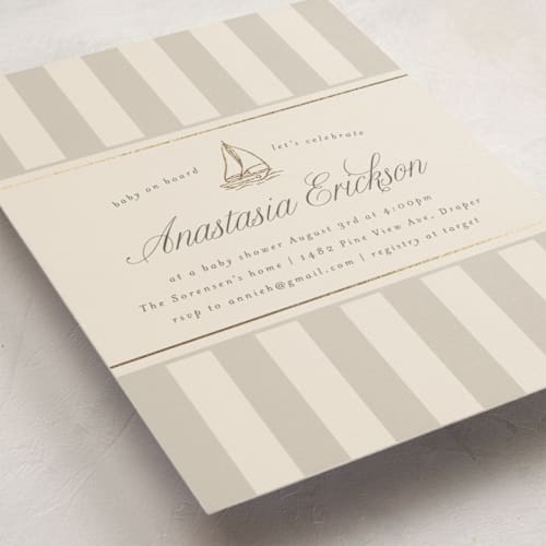 This is a cocoa foil stamped baby shower invitations with foil pressed by Stephanie Hawkes called on board printing on signature in standard