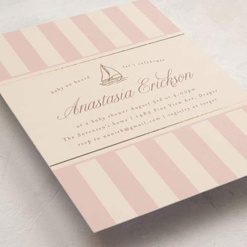 This is a rosebud foil stamped baby shower invitations with foil pressed by Stephanie Hawkes called on board printing on signature in standard