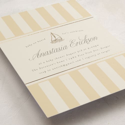This is a bark foil stamped baby shower invitations with foil pressed by Stephanie Hawkes called on board printing on signature in standard
