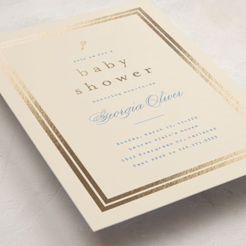 This is a powder blue foil stamped baby shower invitations with foil pressed by Carolyn MacLaren called classic start printing on signature in standard