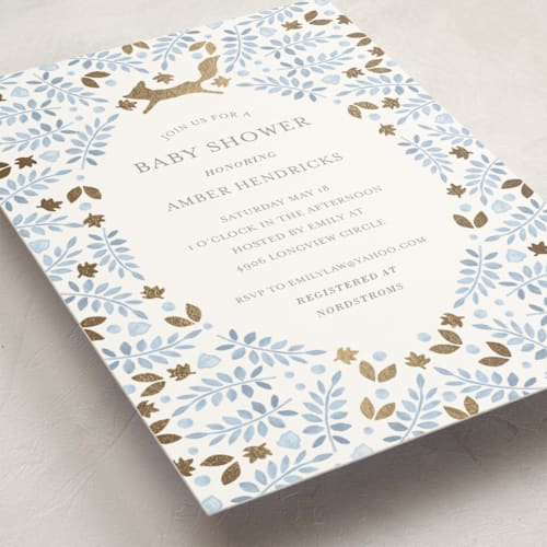 This is a denim foil stamped baby shower invitations with foil pressed by Hallie Fischer called foxy baby shower printing on signature in standard