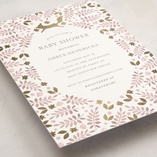 This is a blush foil stamped baby shower invitations with foil pressed by Hallie Fischer called foxy baby shower printing on signature in standard