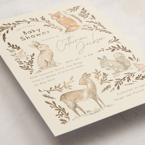 This is a ginger foil stamped baby shower invitations with foil pressed by Creo Study called vintage woodland printing on signature in standard