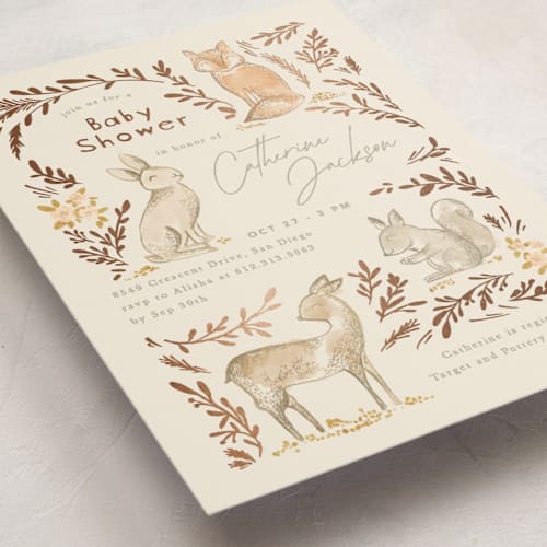 This is a carrot foil stamped baby shower invitations with foil pressed by Creo Study called vintage woodland printing on signature in standard