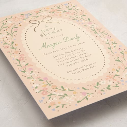 This is a ballet slipper foil stamped baby shower invitations with foil pressed by Jennifer Wick called new blooms printing on signature in standard