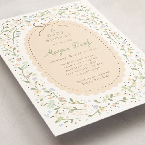 This is a vanilla foil stamped baby shower invitations with foil pressed by Jennifer Wick called new blooms printing on signature in standard