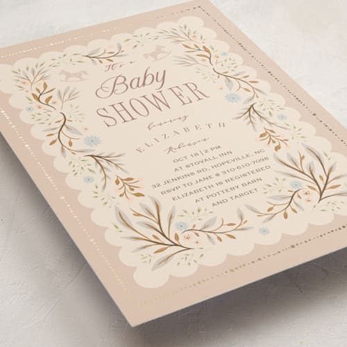 This is a blush foil stamped baby shower invitations with foil pressed by Hannah Williams called storybook printing on signature in standard