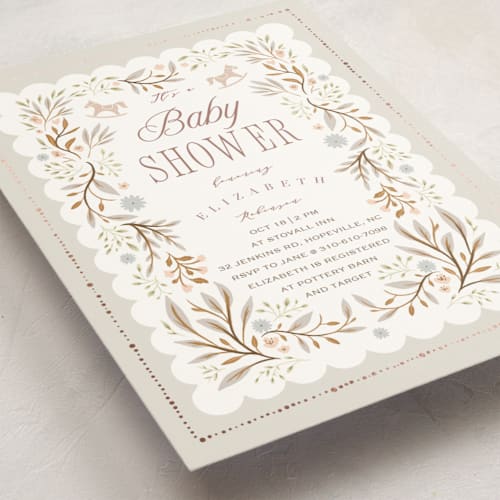 This is a ash foil stamped baby shower invitations with foil pressed by Hannah Williams called storybook printing on signature in standard