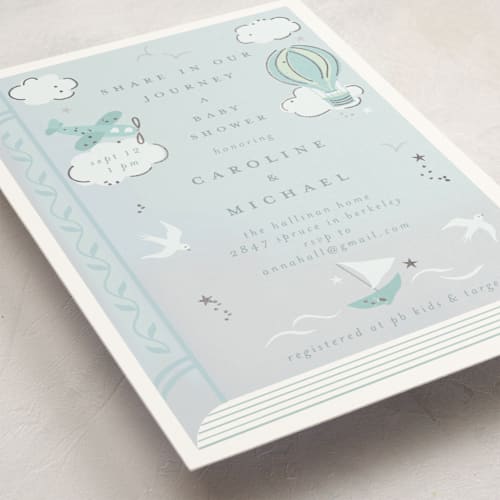 This is a sky foil stamped baby shower invitations with foil pressed by Jennifer Holbrook called our journey printing on signature in standard