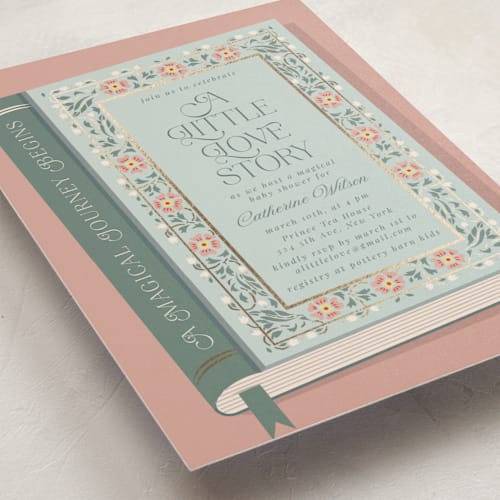 This is a sage foil stamped baby shower invitations with foil pressed by Ana de Sousa called little love story printing on signature in standard