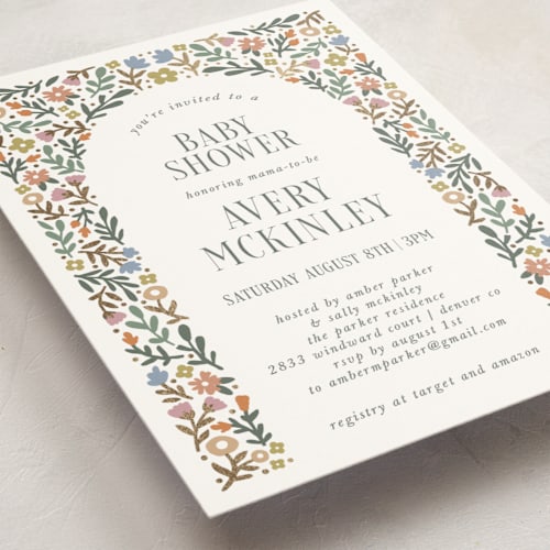 This is a garden foil stamped baby shower invitations with foil pressed by Kelly Watkins called floral archway printing on signature in standard
