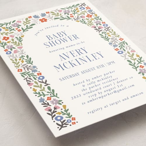 This is a summer foil stamped baby shower invitations with foil pressed by Kelly Watkins called floral archway printing on signature in standard