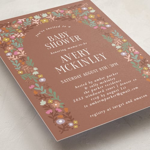This is a apricot foil stamped baby shower invitations with foil pressed by Kelly Watkins called floral archway printing on signature in standard