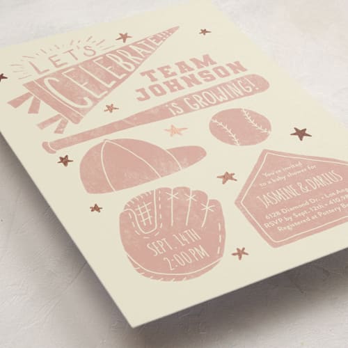 This is a bubblegum foil stamped baby shower invitations with foil pressed by Rebekah Canavan called baseball baby shower printing on signature in standard
