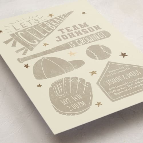 This is a sand foil stamped baby shower invitations with foil pressed by Rebekah Canavan called baseball baby shower printing on signature in standard