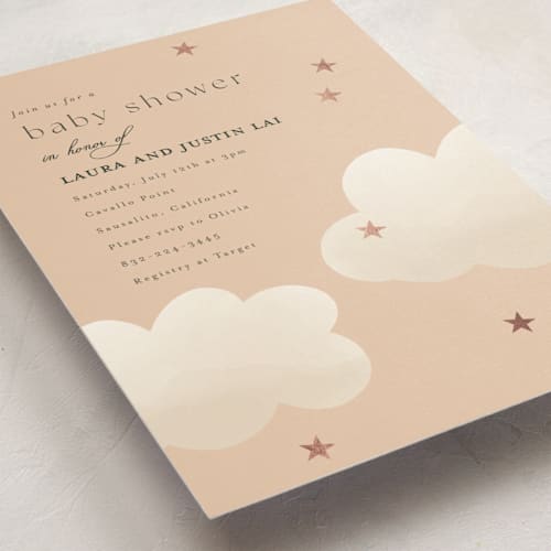 This is a apricot foil stamped baby shower invitations with foil pressed by Joyce Pinheiro called twinkle twinkle printing on signature in standard