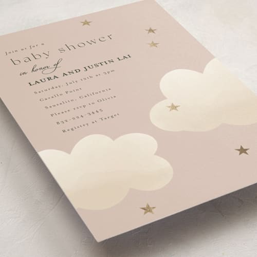 This is a rosebud foil stamped baby shower invitations with foil pressed by Joyce Pinheiro called twinkle twinkle printing on signature in standard