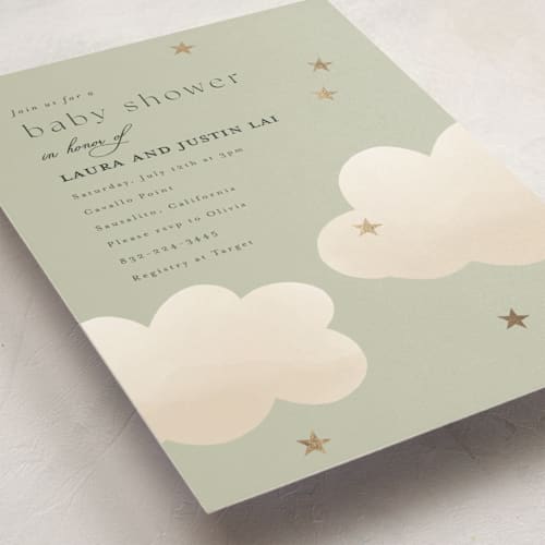 This is a olive foil stamped baby shower invitations with foil pressed by Joyce Pinheiro called twinkle twinkle printing on signature in standard