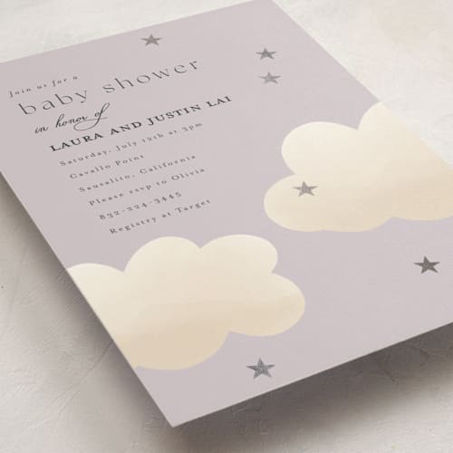 This is a amethyst foil stamped baby shower invitations with foil pressed by Joyce Pinheiro called twinkle twinkle printing on signature in standard