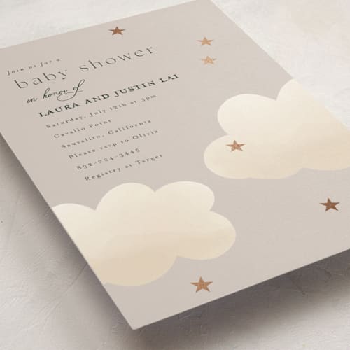 This is a champagne foil stamped baby shower invitations with foil pressed by Joyce Pinheiro called twinkle twinkle printing on signature in standard