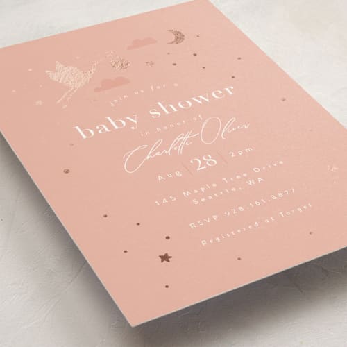 This is a rose foil stamped baby shower invitations with foil pressed by Hudson meet Rose called special delivery printing on signature in standard