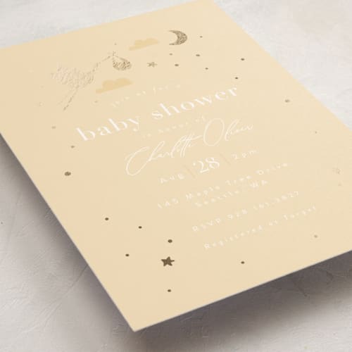 This is a sunshine foil stamped baby shower invitations with foil pressed by Hudson meet Rose called special delivery printing on signature in standard