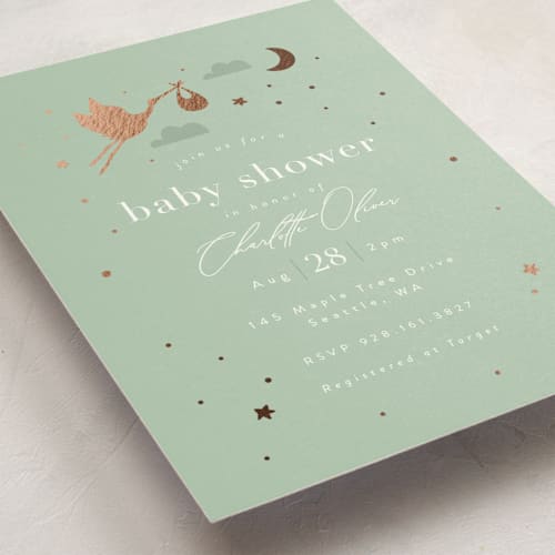 This is a mint foil stamped baby shower invitations with foil pressed by Hudson meet Rose called special delivery printing on signature in standard