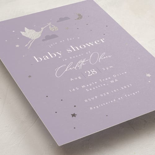 This is a lilac foil stamped baby shower invitations with foil pressed by Hudson meet Rose called special delivery printing on signature in standard