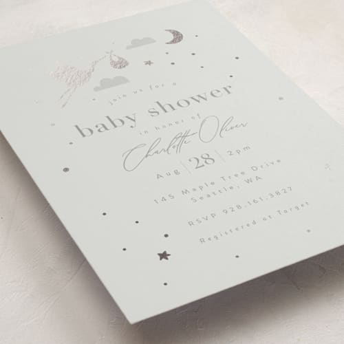 This is a moon foil stamped baby shower invitations with foil pressed by Hudson meet Rose called special delivery printing on signature in standard