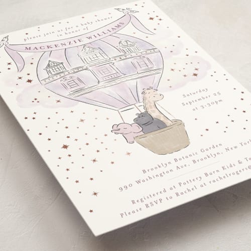 This is a lavender foil stamped baby shower invitations with foil pressed by Jenna Holcomb called bebe printing on signature in standard