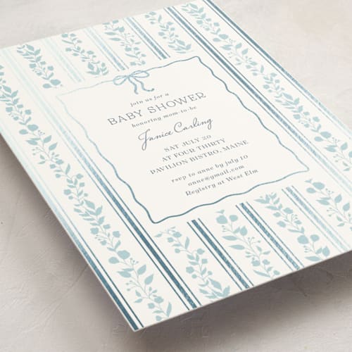 This is a powder blue foil stamped baby shower invitations with foil pressed by Anna Black called vintage stripe printing on signature in standard