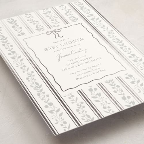 This is a seashell foil stamped baby shower invitations with foil pressed by Anna Black called vintage stripe printing on signature in standard