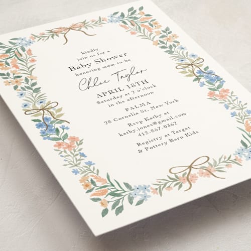 This is a pastel foil stamped baby shower invitations with foil pressed by Elly called sweet garden printing on signature in standard