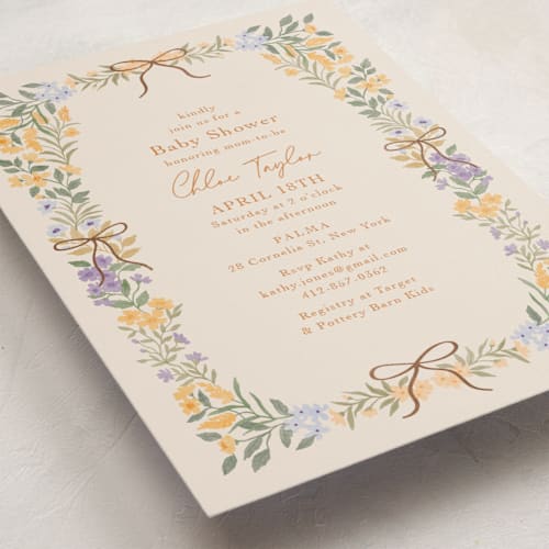 This is a tangerine foil stamped baby shower invitations with foil pressed by Elly called sweet garden printing on signature in standard