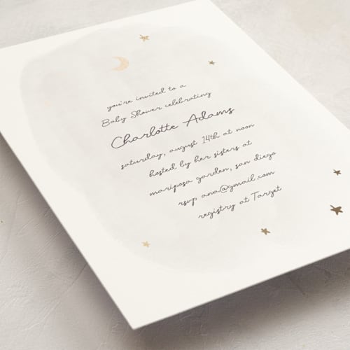 This is a snow blossom foil stamped baby shower invitations with foil pressed by Ani Somi called lullaby printing on signature in standard