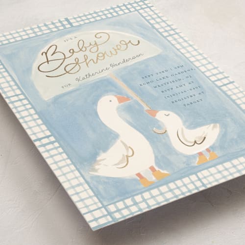 This is a raindrop foil stamped baby shower invitations with foil pressed by Teju Reval called little goose printing on signature in standard
