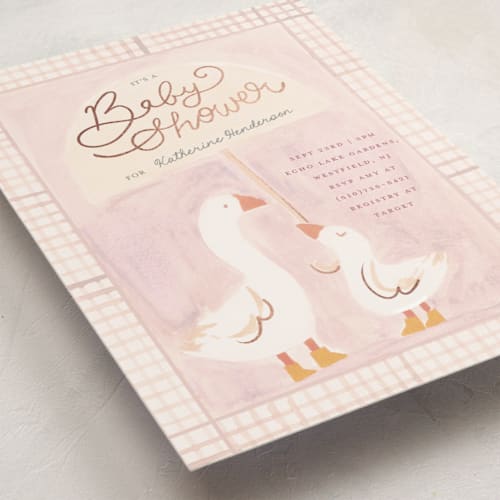 This is a blush foil stamped baby shower invitations with foil pressed by Teju Reval called little goose printing on signature in standard