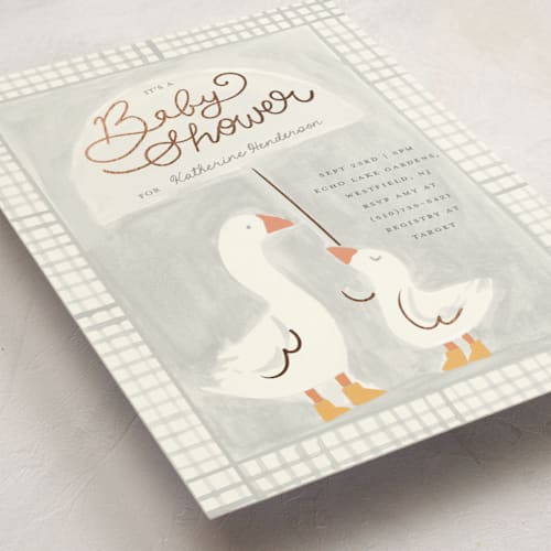 This is a wind foil stamped baby shower invitations with foil pressed by Teju Reval called little goose printing on signature in standard