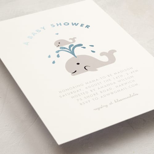 This is a sail foil stamped baby shower invitations with foil pressed by mo kelley called baby whale on the way printing on signature in standard