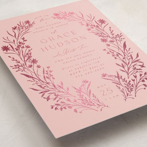This is a rose foil stamped baby shower invitations with foil pressed by Leah Bisch called wildflower printing on signature in standard