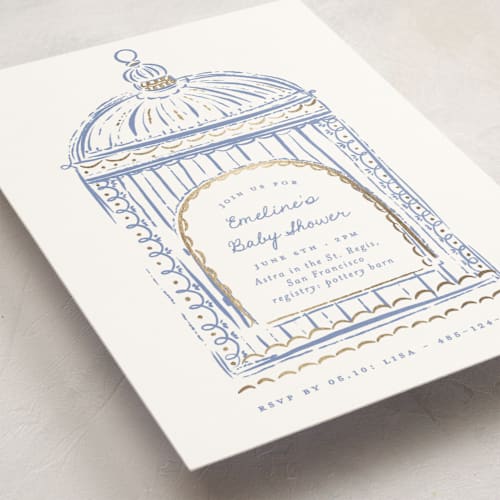 This is a bluebell foil stamped baby shower invitations with foil pressed by Gwen Bedat called birdie printing on signature in standard
