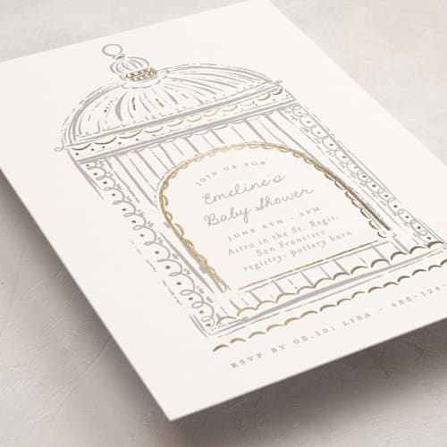This is a mist foil stamped baby shower invitations with foil pressed by Gwen Bedat called birdie printing on signature in standard