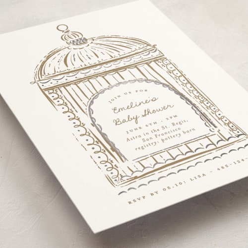 This is a sand foil stamped baby shower invitations with foil pressed by Gwen Bedat called birdie printing on signature in standard