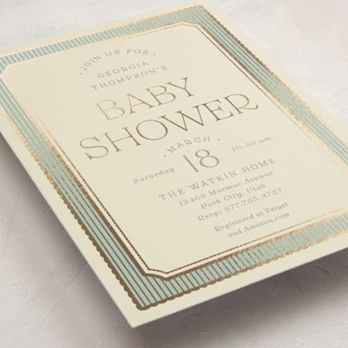 This is a seafoam foil stamped baby shower invitations with foil pressed by Robert and Stella called brooke printing on signature in standard